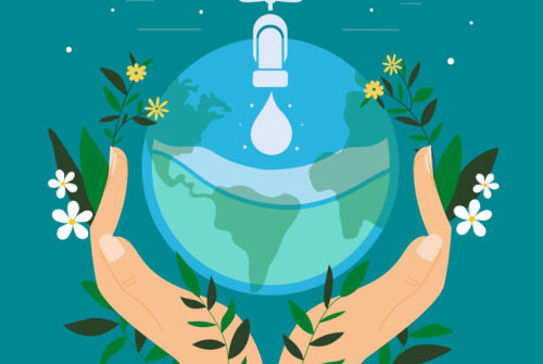 Ilustracija Zemlje, obdane s cvetlicami, v objemu dlani. Na vrhu Zemlje je vodovodna pipa, s katere prihaja kapljica vode.