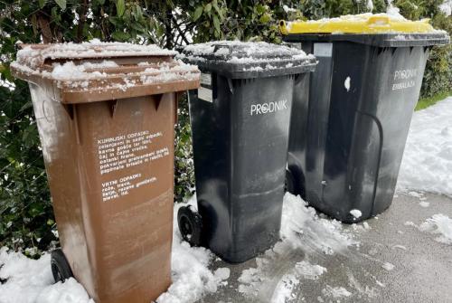 Na sliki so zabojniki za ločevanje odpadkov (rjavi, črni, črni z rumenim zabojnikom) v snegu.