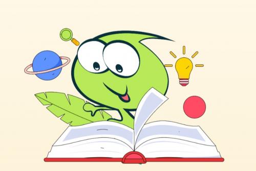 Ilustracija Grinija, ki lista knjigo, obkrožen z modrim in rdečim planetom ter žarnico.