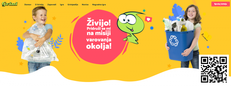 Slika Grinijeve spletne strani z dečkom, ki drži v rokah prozorno vrečo z odpadnimi plastenkami in deklico, ki drži v rokah moder koš z znakom za recikliranje. 