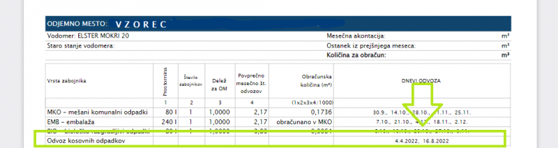 Primer navedbe datumov odvoza kosovnih odpadkov na računu.