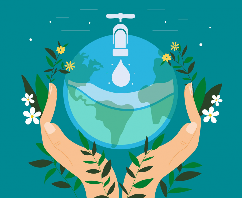 Ilustracija Zemlje, obdane s cvetlicami, v objemu dlani. Na vrhu Zemlje je vodovodna pipa, s katere prihaja kapljica vode.