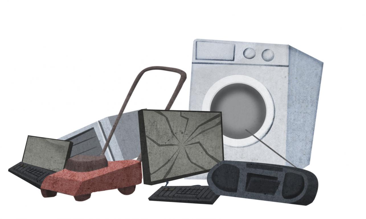 Na ilustraciji so narisani nekateri elektronski odpadki: kosilnica, pralni stroj, radio, monitor, tipkovnica, prenosni računalnik in mikrovalovna pečica.
