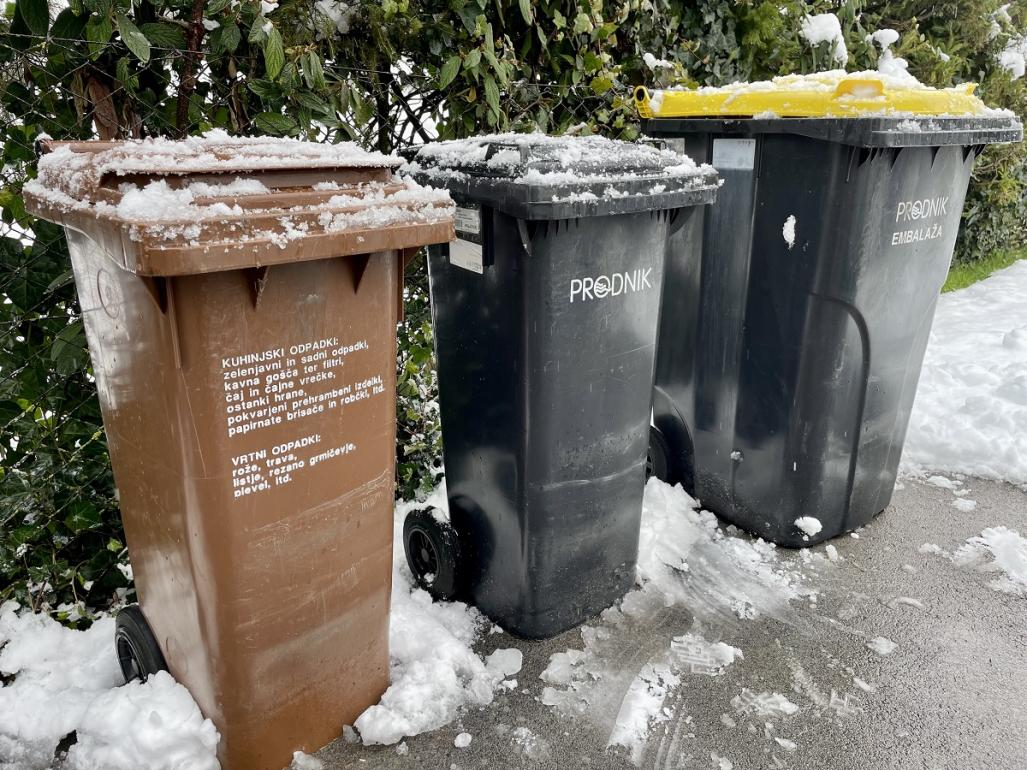 Na sliki so zabojniki za ločevanje odpadkov (rjavi, črni, črni z rumenim zabojnikom) v snegu.