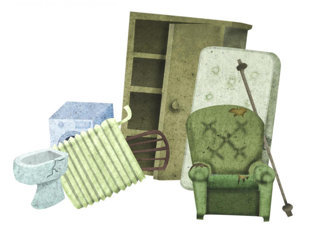 Na sliki so ilustrirani kosovni odpadki: naslonjač, radiator, omara, vzmetnica, pralni stroj in stol.