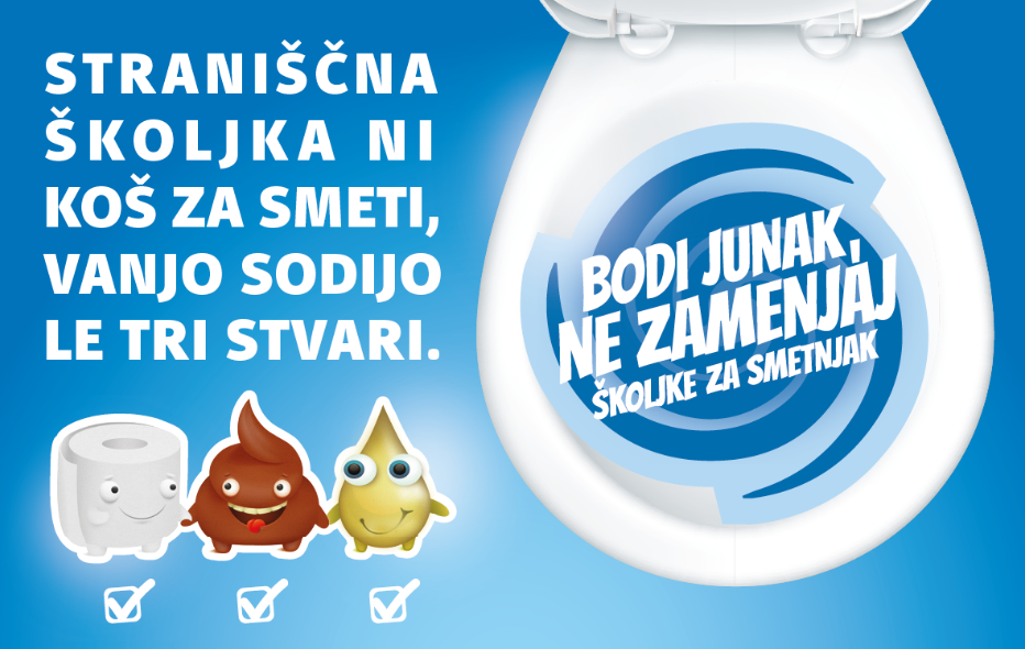 Ilustracije z napisom Straniščna školjka ni koš za smeti, vanjo sodijo le tri stvari.